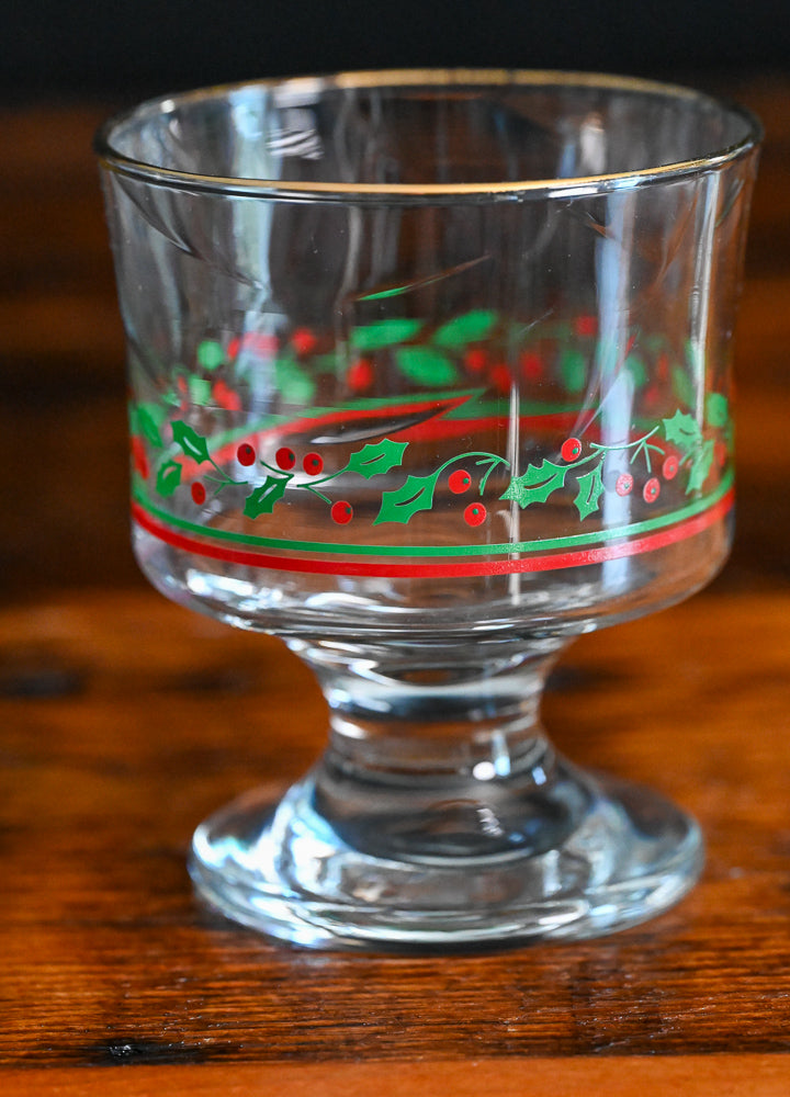 holly print with berries gold rim Libbey Arby's sherbet glasses