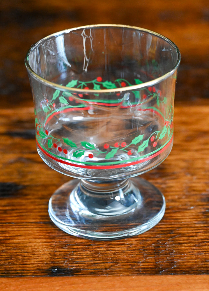 holly print with berries gold rim Libbey Arby's sherbet glasses