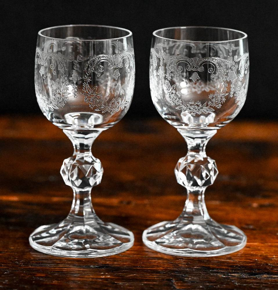 Clear Bohemian Czech Crystal Etched Cascade Cordial Glasses