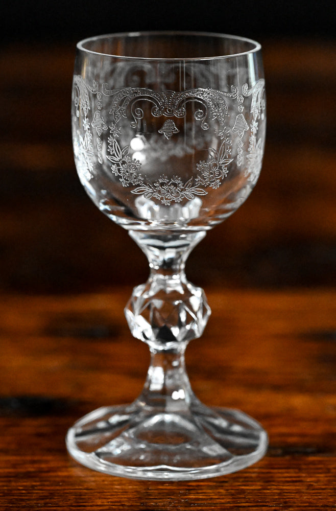 Clear Bohemian Czech Crystal Etched Cascade Cordial Glasses