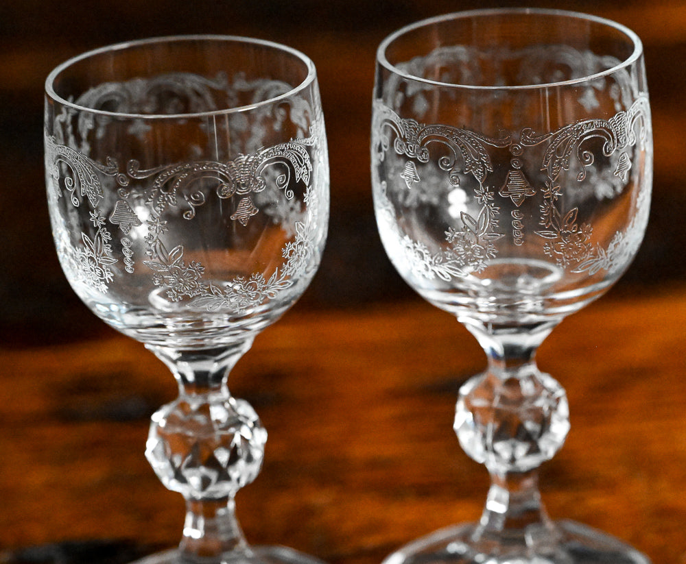 Clear Bohemian Czech Crystal Etched Cascade Cordial Glasses