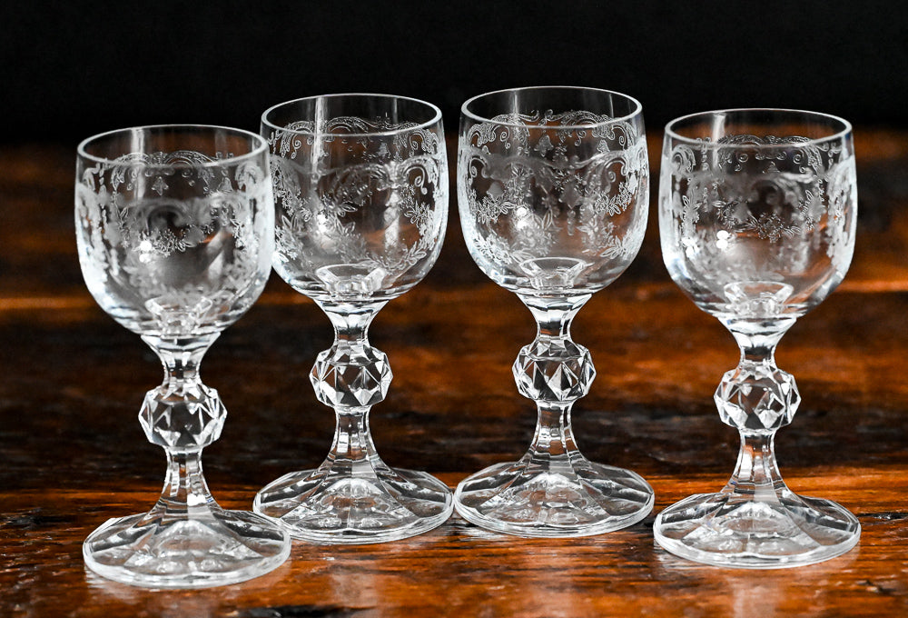 Clear Bohemian Czech Crystal Etched Cascade Cordial Glasses