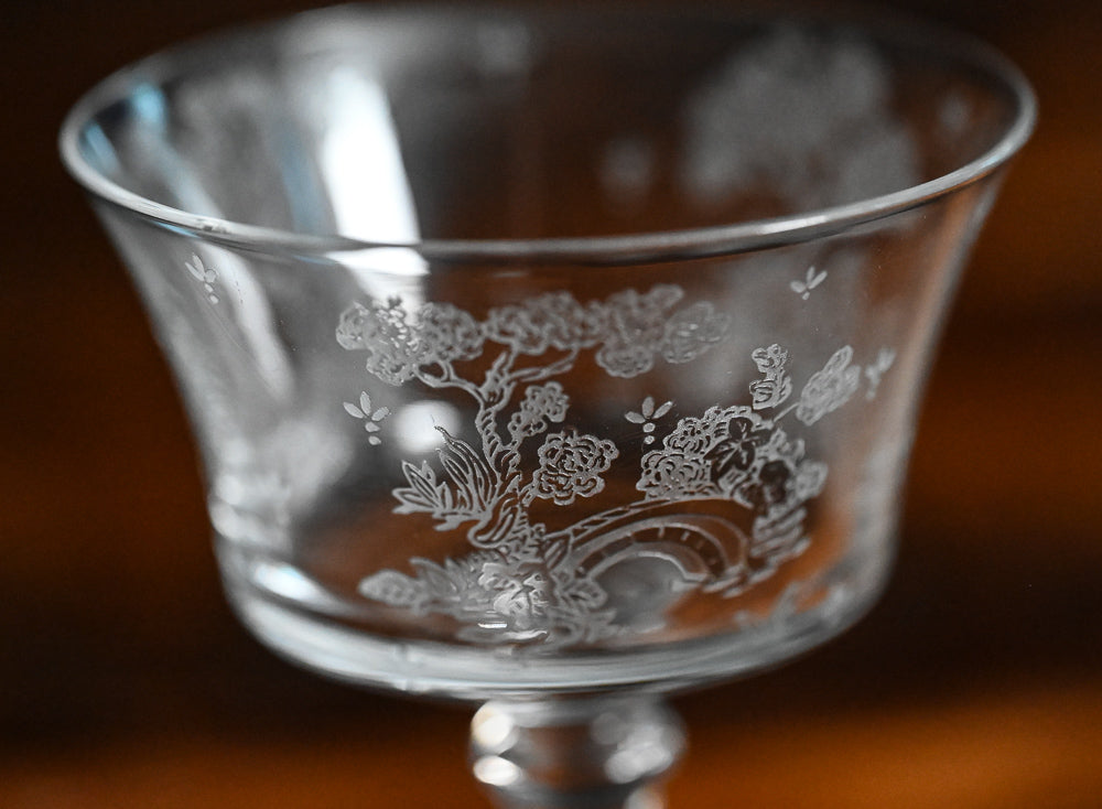 clear Fostoria Garden scene etched cocktail coupes with trees, bridges and floral