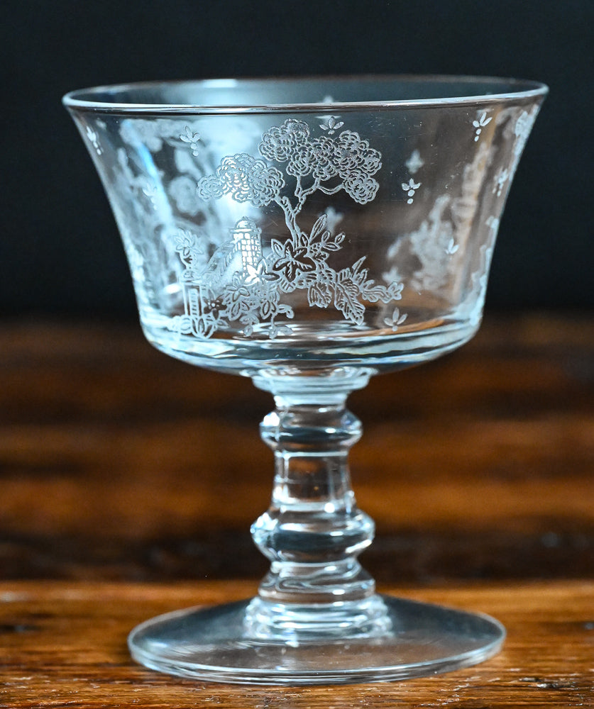 clear Fostoria Garden scene etched cocktail coupes with trees, bridges and floral