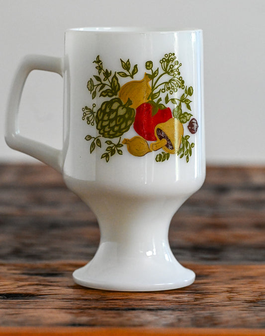 milk glass pedestal mug with handle, vegetable print