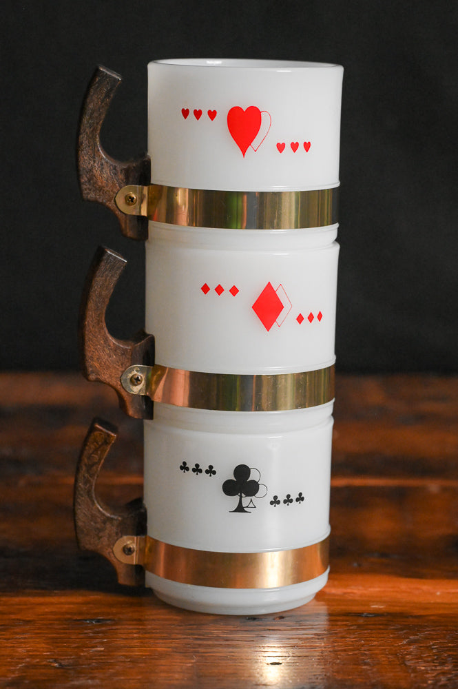Siestaware Milk Glass playing card mugs with wooden handles, gold bands and red and black print card pattern