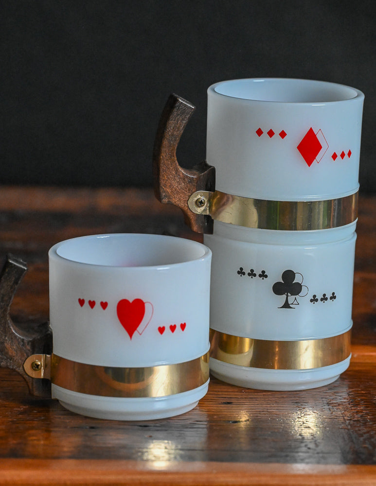 Siestaware Milk Glass playing card mugs with wooden handles, gold bands and red and black print card pattern