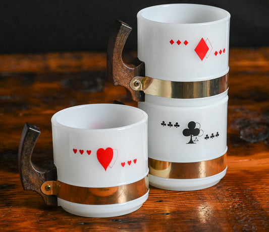 Siestaware Milk Glass playing card mugs with wooden handles, gold bands and red and black print card pattern