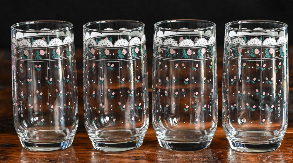 1988 CHD Pink Rose Victoriana print tumblers, lace fans on top