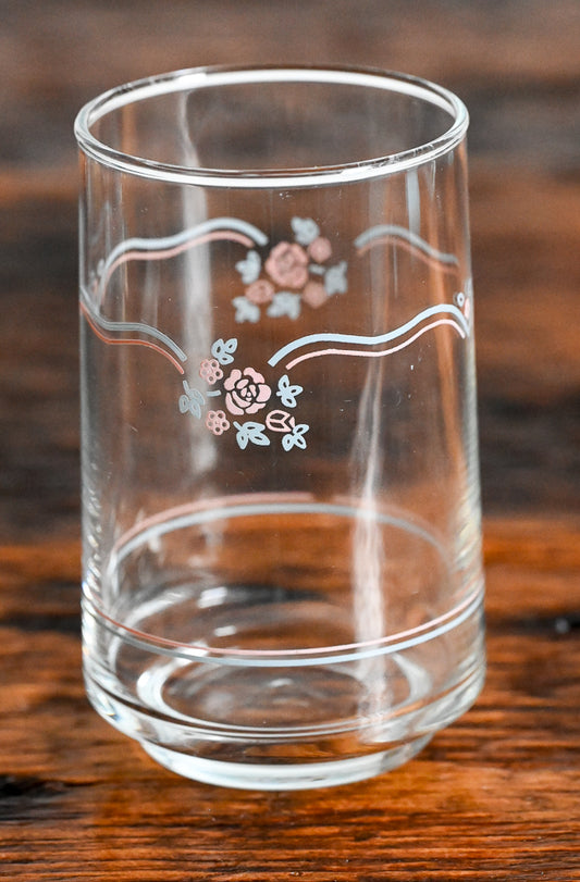 clear juice glasses with pink and blue print