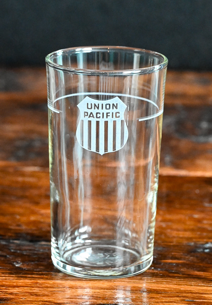 etched Union Pacific logo clear juice glass