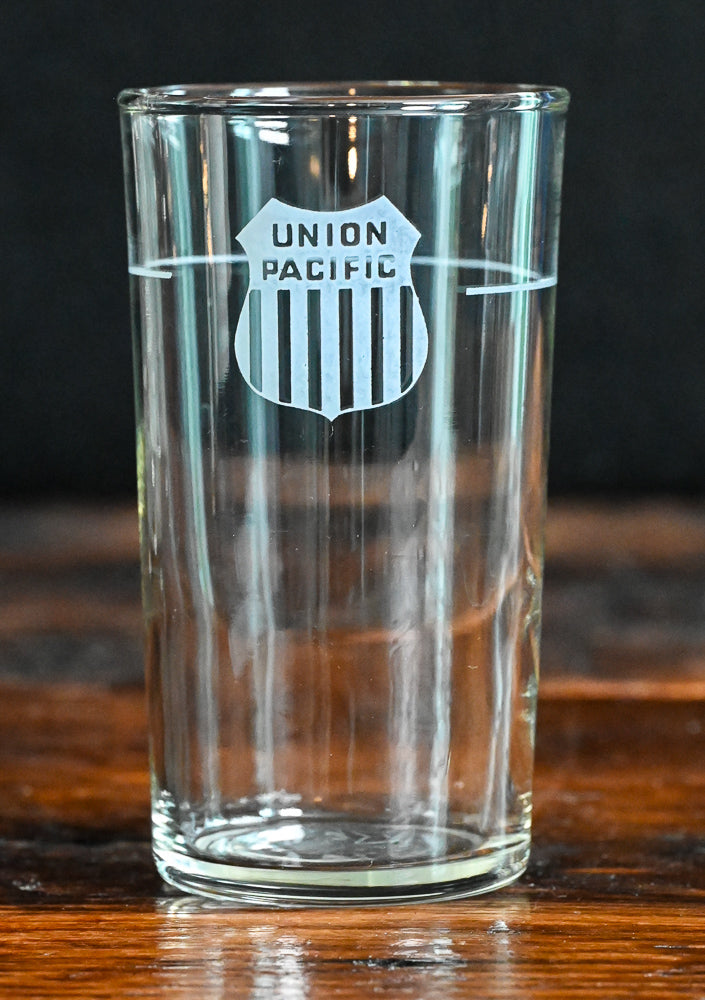 etched Union Pacific logo clear juice glass