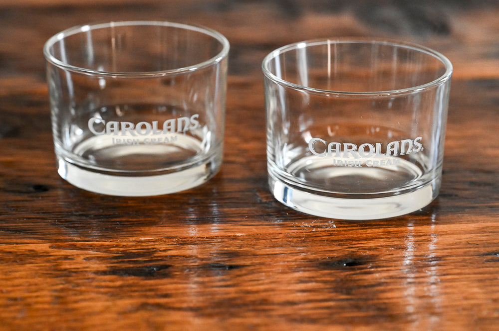 clear lowball glasses with Carolans etched