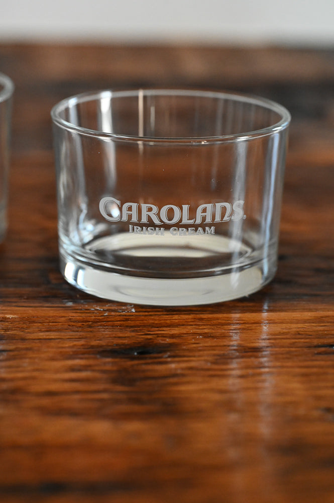 clear lowball glasses with Carolans etched