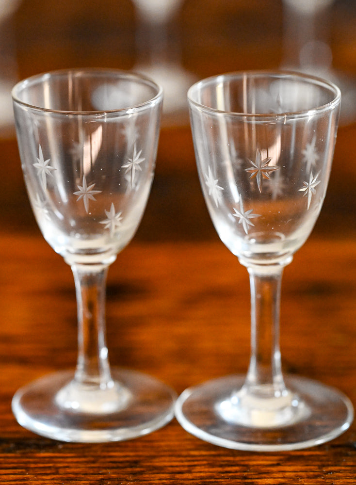 starburst etched cordial glasses