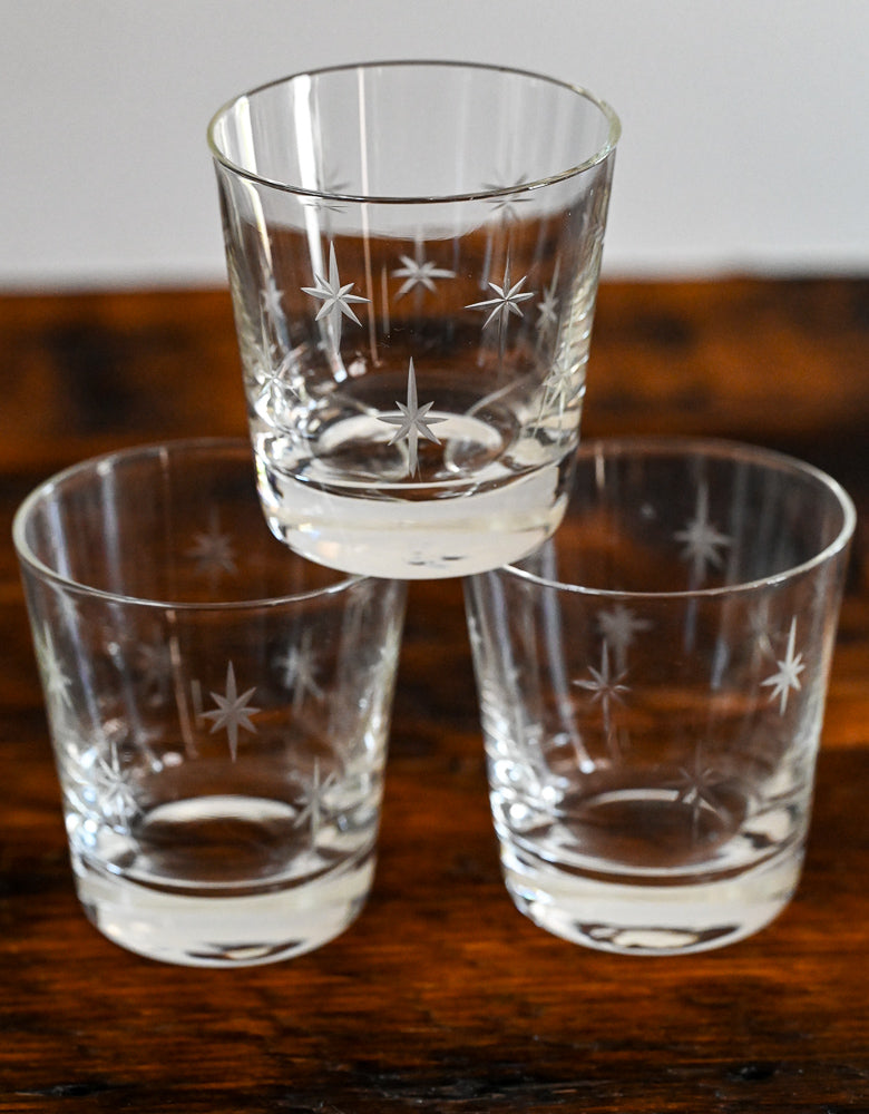 CG Quartzex clear lowball glasses with etched stars