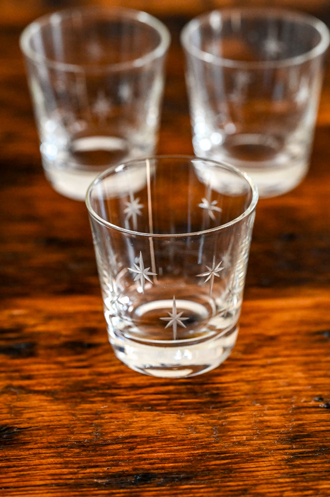 CG Quartzex clear lowball glasses with etched stars