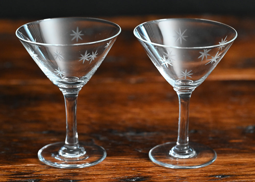 atomic star etched cocktail coupes