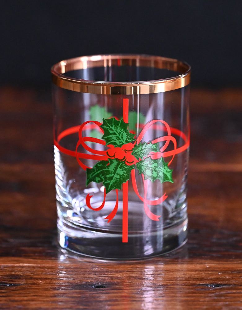 red and green Holly Berry Christmas Double old Fashioned glasses, gold rim