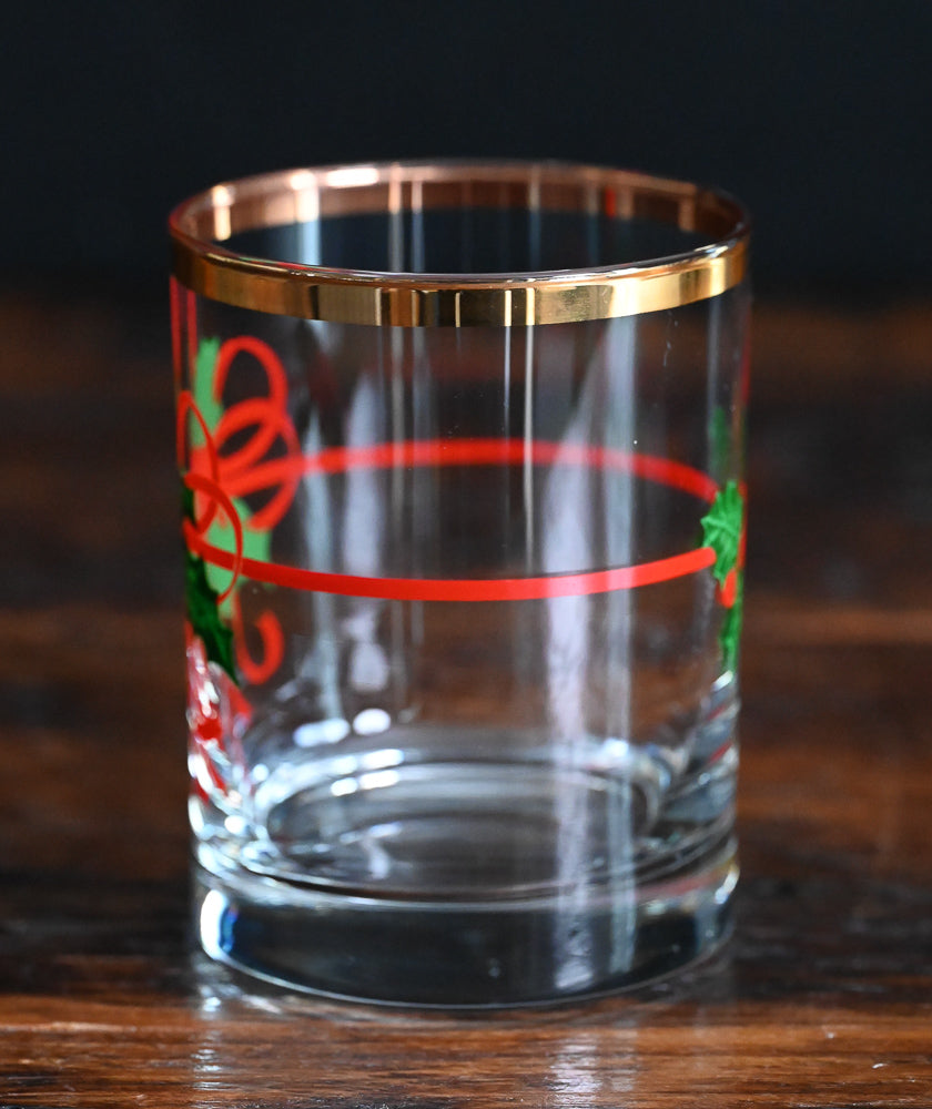 red and green Holly Berry Christmas Double old Fashioned glasses, gold rim