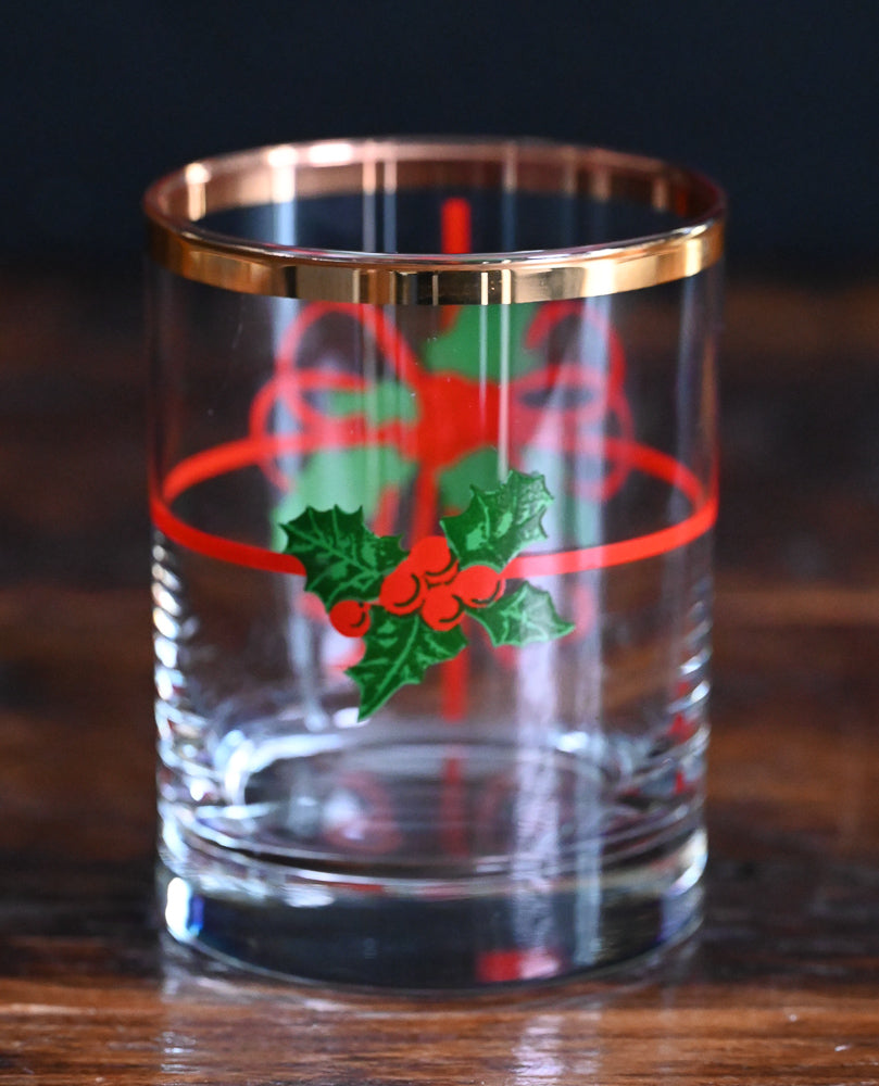 red and green Holly Berry Christmas Double old Fashioned glasses, gold rim