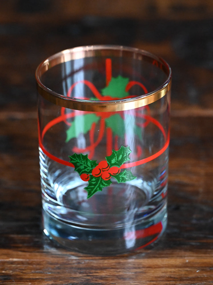 red and green Holly Berry Christmas Double old Fashioned glasses, gold rim