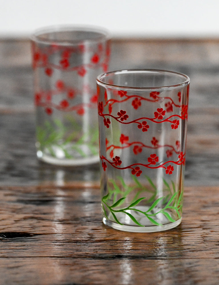 Swanky Swigs red flowers and green leaves juice glasses