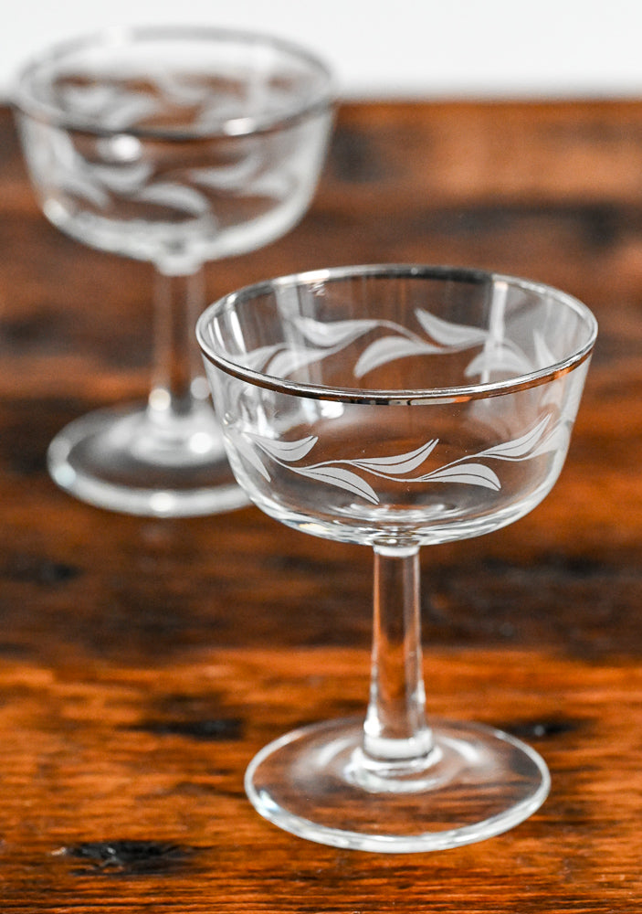 Cristal D'arques laurel leaf etched champagne coupes, platinum rim