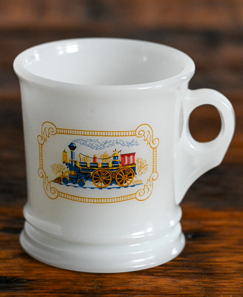 milk glass mug with locomotive logo from Avon