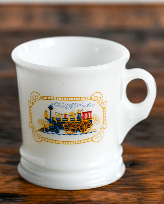 milk glass mug with locomotive logo from Avon