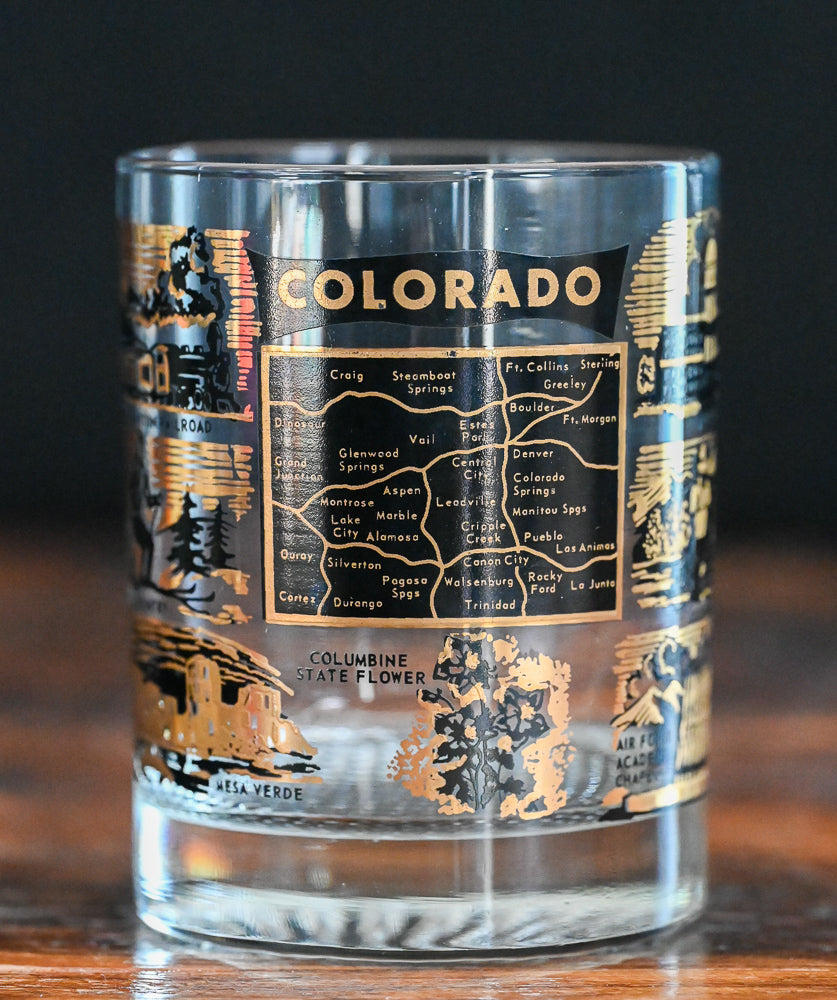 Black and gold print Souvenir Colorado rocks glass