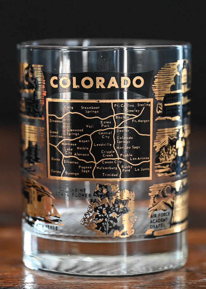 Black and gold print Souvenir Colorado rocks glass