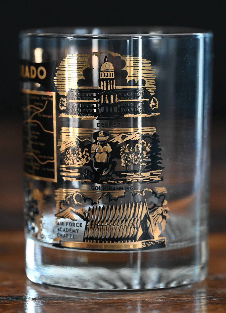Black and gold print Souvenir Colorado rocks glass