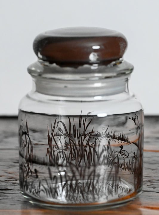 brown ducks and reeds print Anchor Hocking Apothecary jar