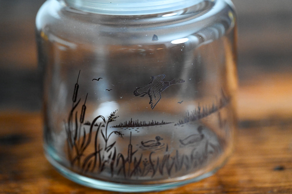 brown ducks and reeds print Anchor Hocking Apothecary jar