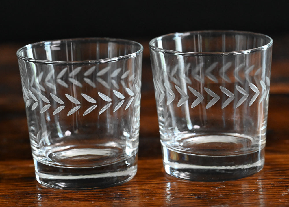 laurel leaf etched clear Anchor Hocking rocks glass