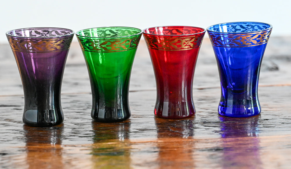 Jewel tone cordial glasses - purple, green, red and blue