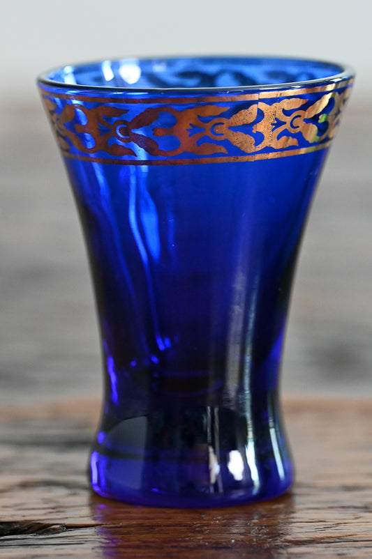 blue cordial glass with gold banding