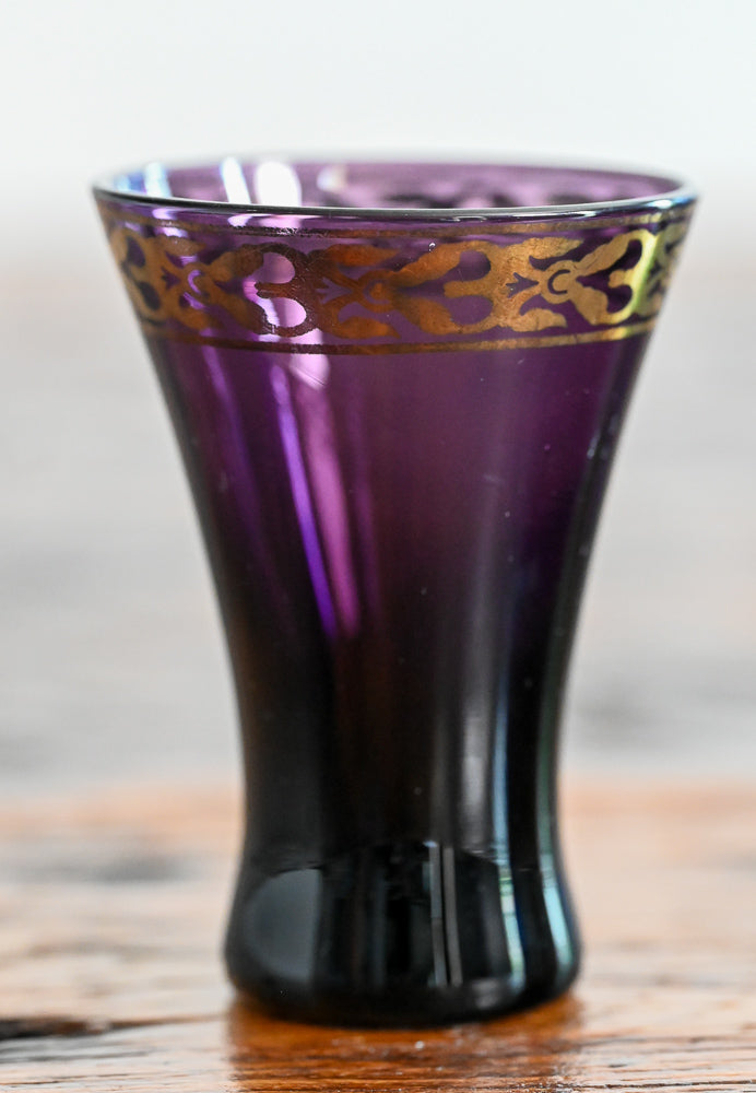 purple cordial glass with gold banding