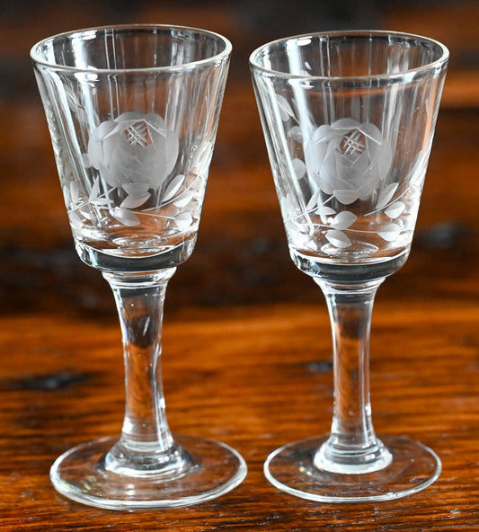 rose etched Made in Japan clear cordial glasses