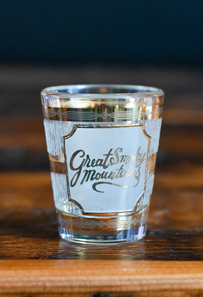Great Smoky Mountains souvenir shot glass with gold and frosted accents
