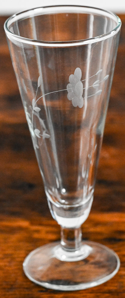 clear glass pilsner glass with floral etching