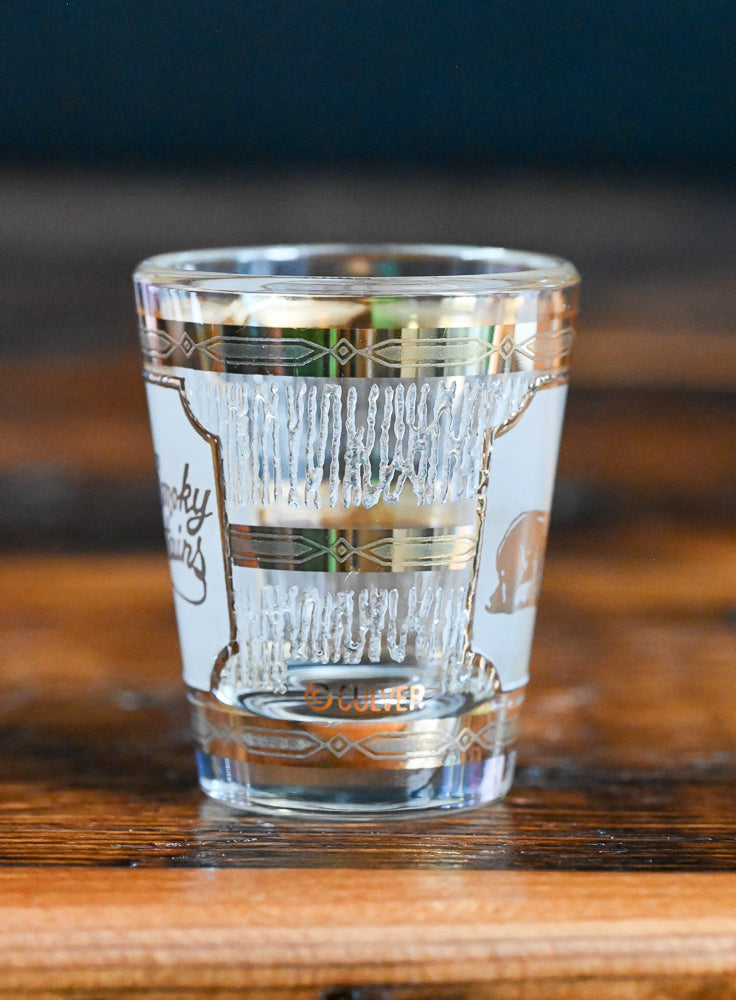 Great Smoky Mountains souvenir shot glass with gold and frosted accents