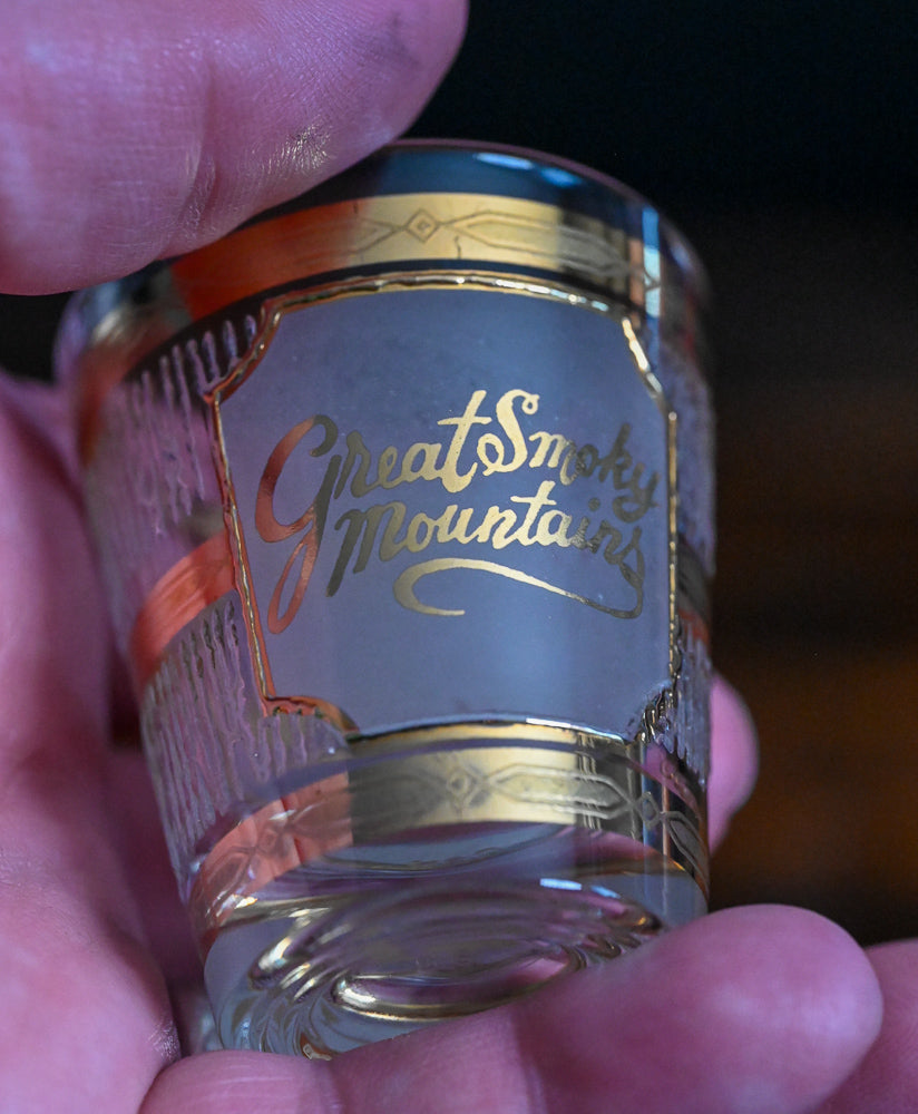 Great Smoky Mountains souvenir shot glass with gold and frosted accents