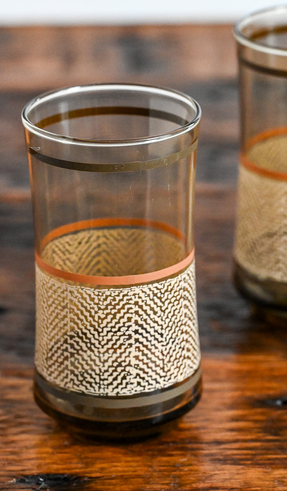 Libbey smoke brown glass tumblers with tweed and stripe pattern