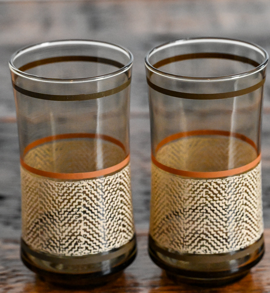 Libbey smoke brown glass tumblers with tweed and stripe pattern