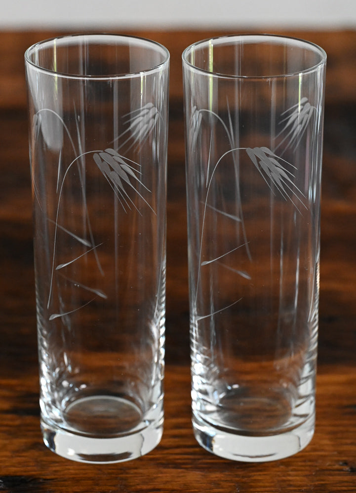 Sasaki clear glass collins glasses with wheat etching