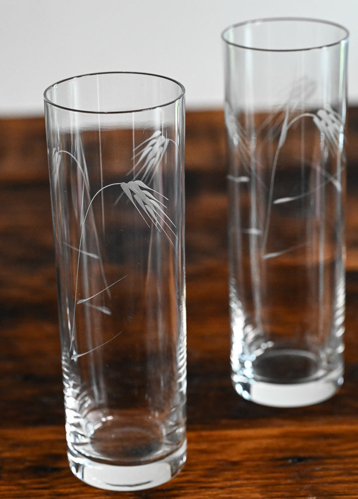 Sasaki clear glass collins glasses with wheat etching