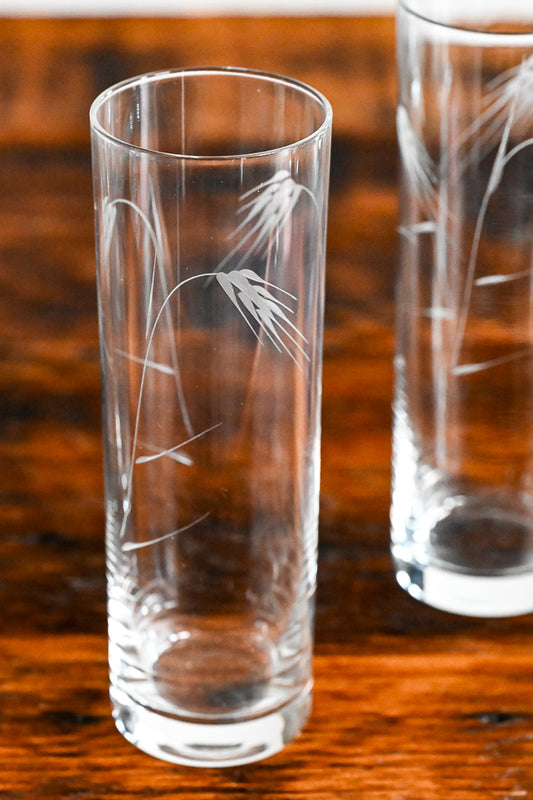 Sasaki clear glass collins glasses with wheat etching