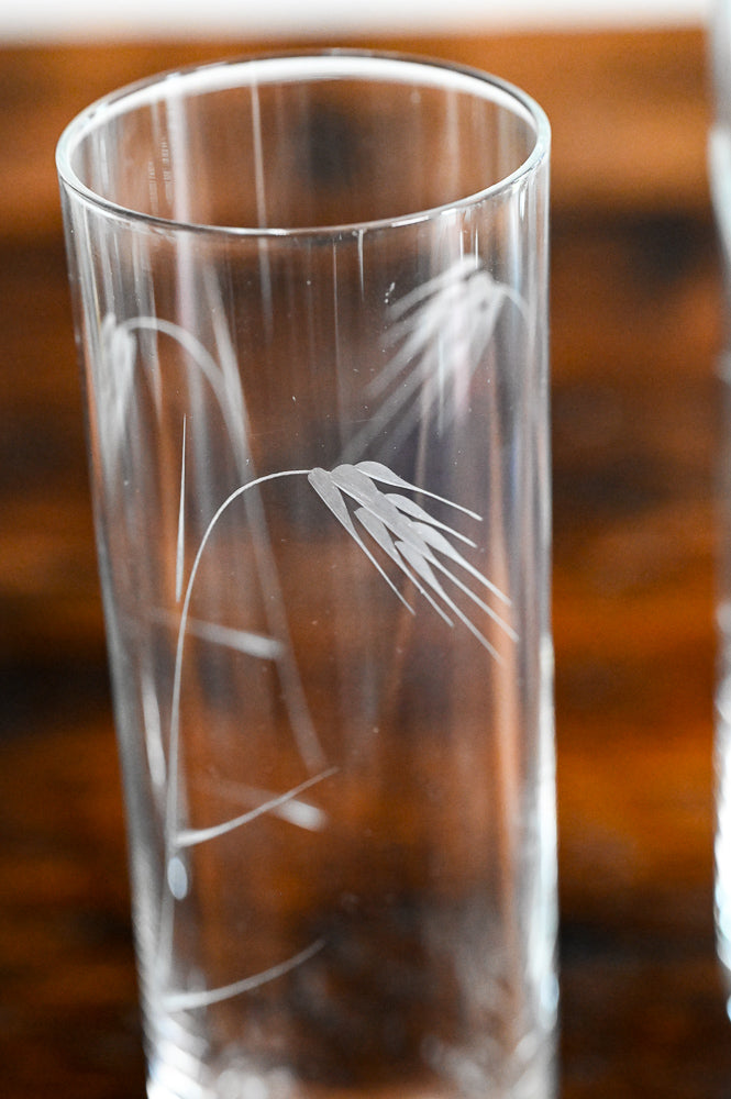 Sasaki clear glass collins glasses with wheat etching